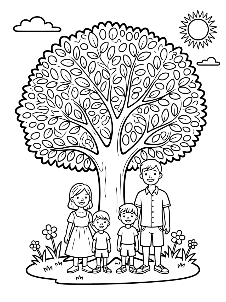 Family seeking shade under a tree on a hot day