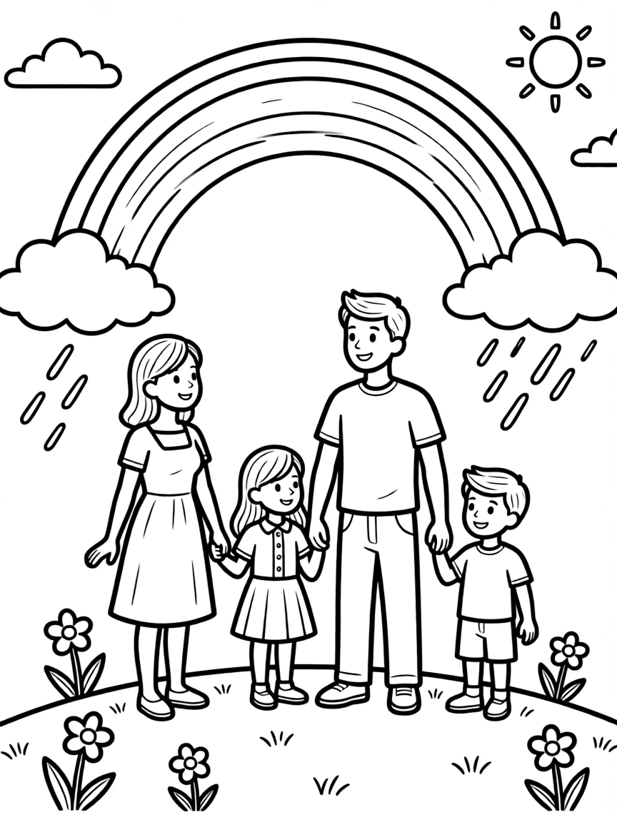 Family watching a rainbow after a storm
