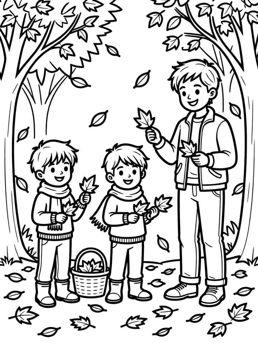 Children and parents collecting leaves on a fall day