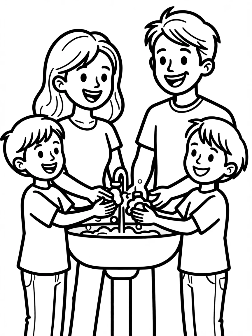 Parents teaching children to wash hands properly