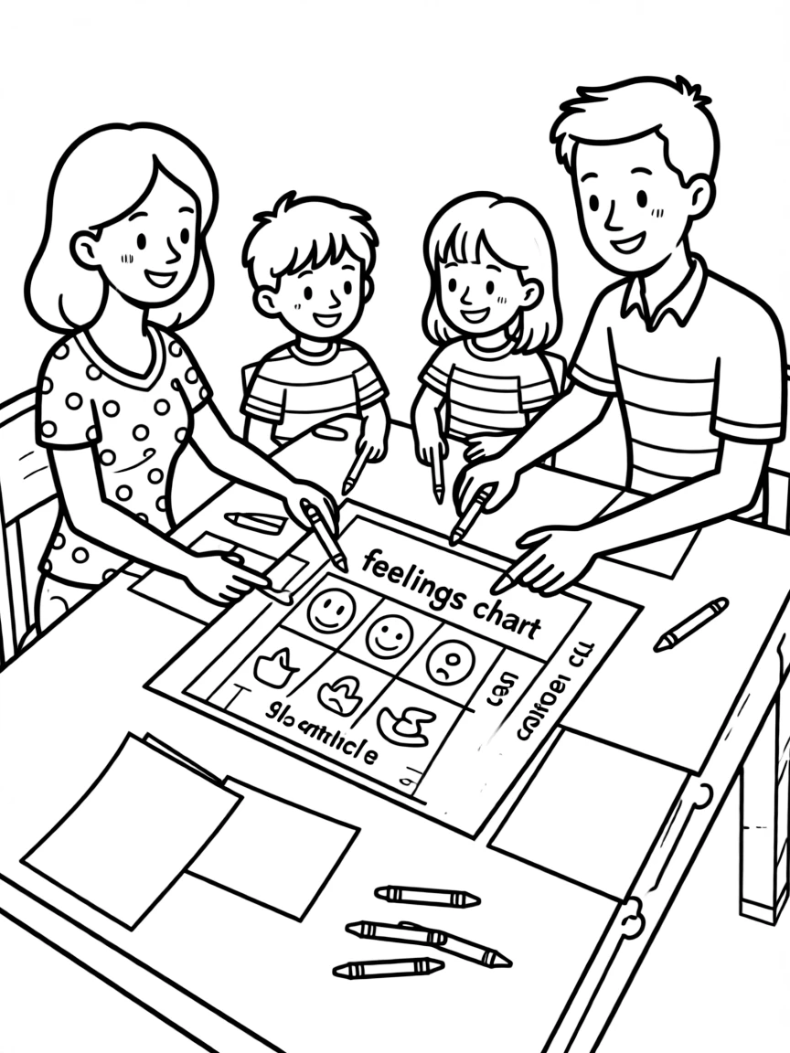 Family creating a "feelings chart" together