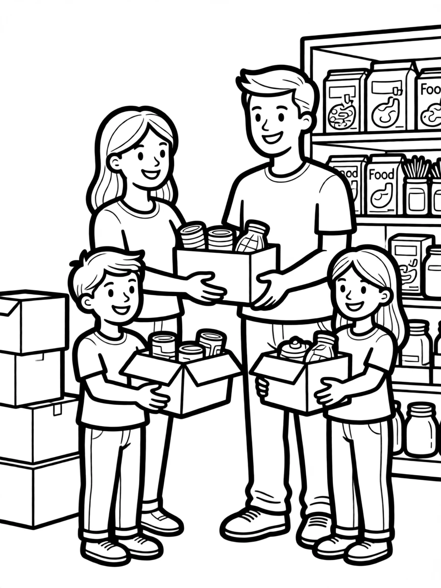 Family volunteering at a food bank together