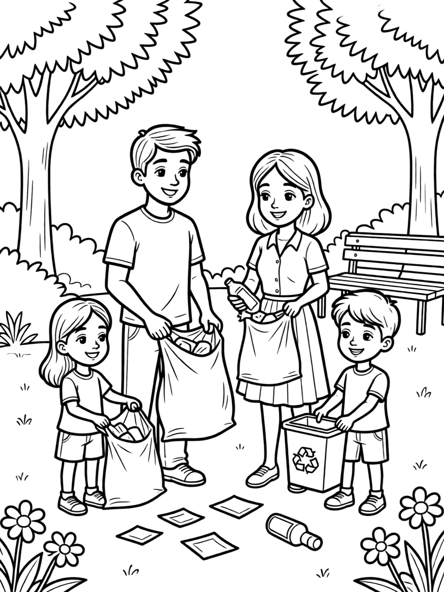 Parents and children cleaning up a park