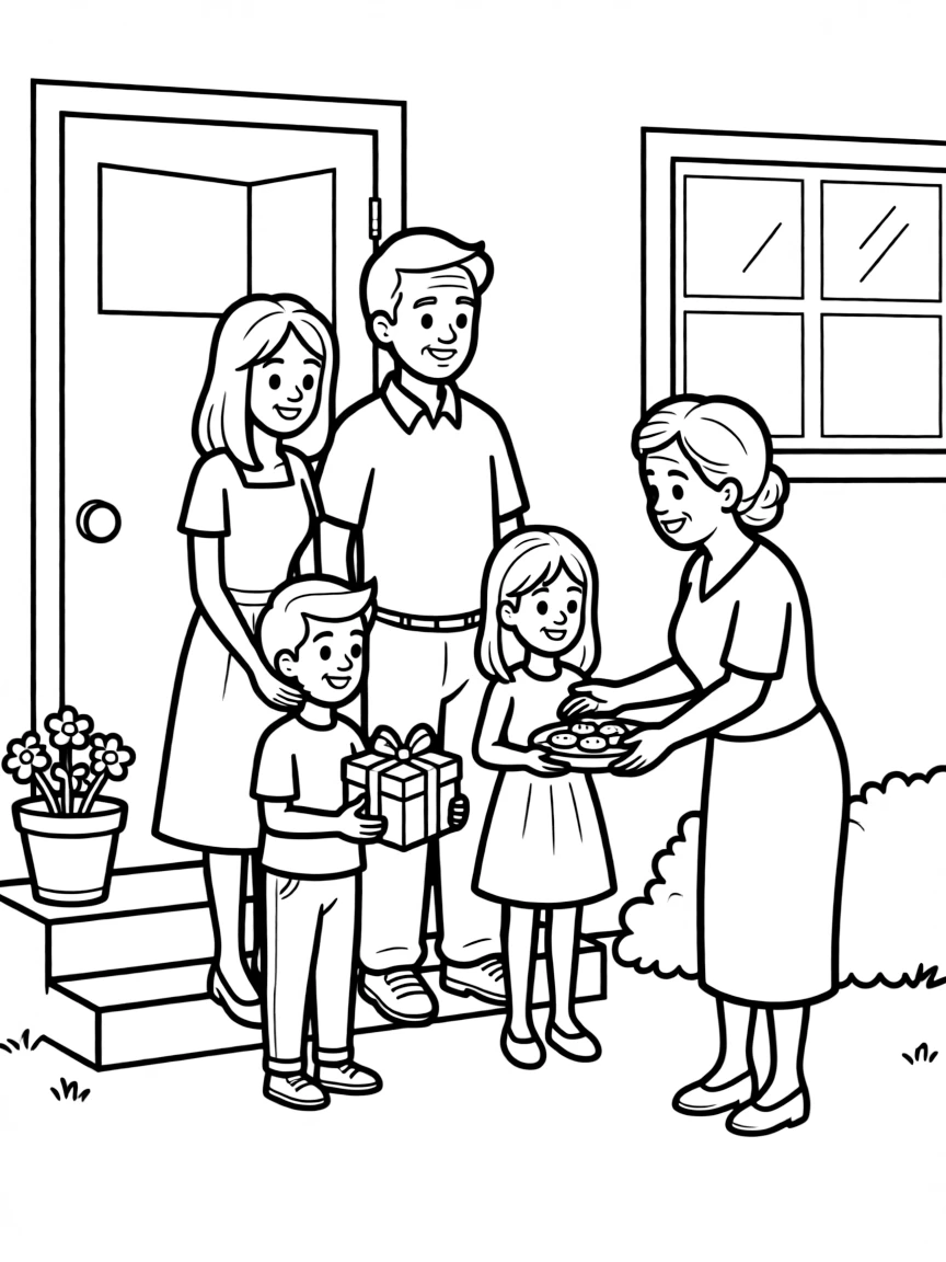Family visiting elderly neighbors with homemade gifts
