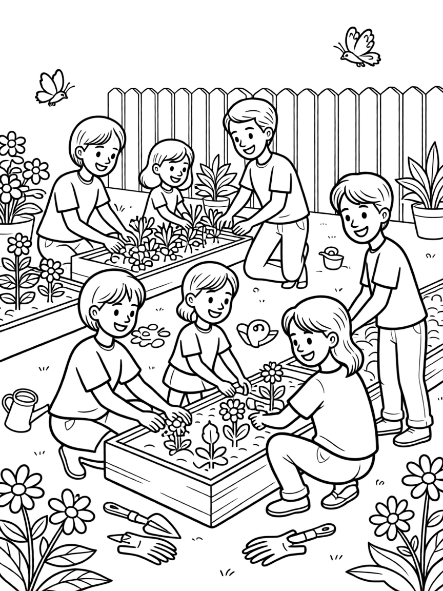 Parents and children at a community garden
