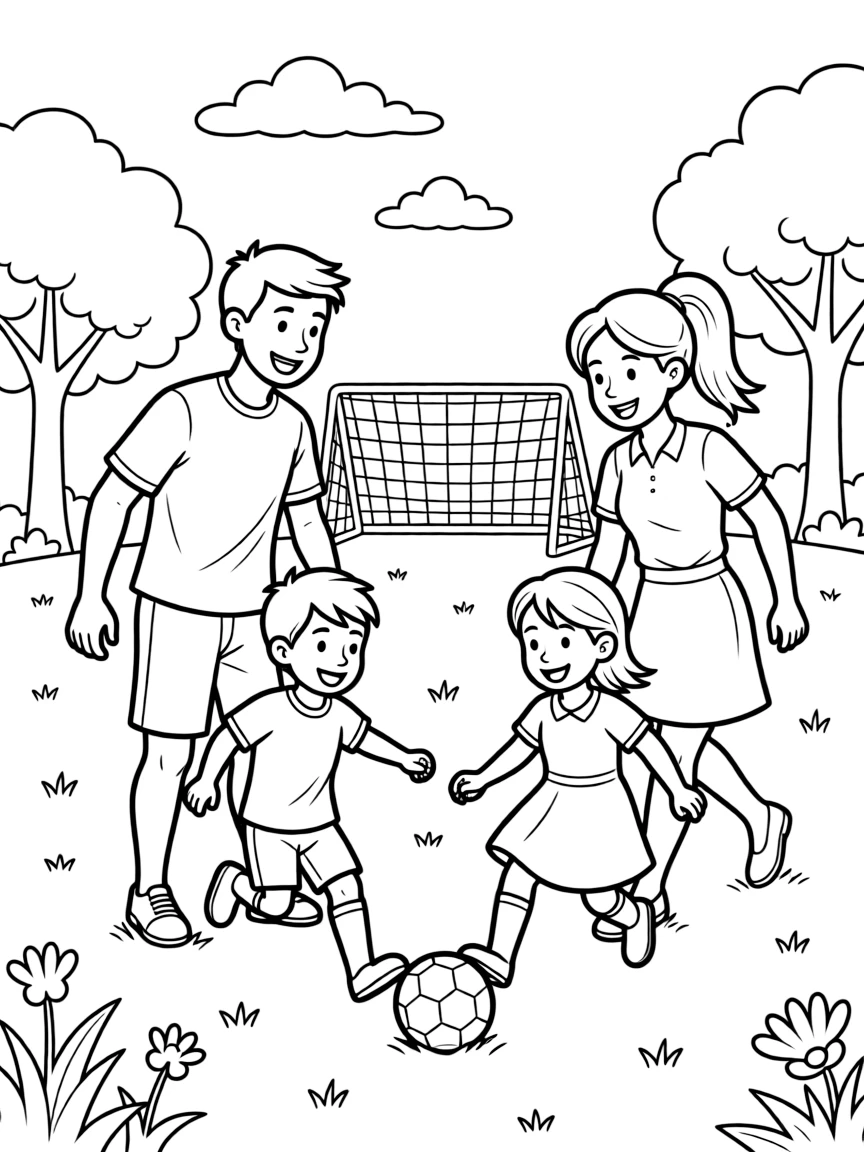 Family playing soccer in a backyard or park