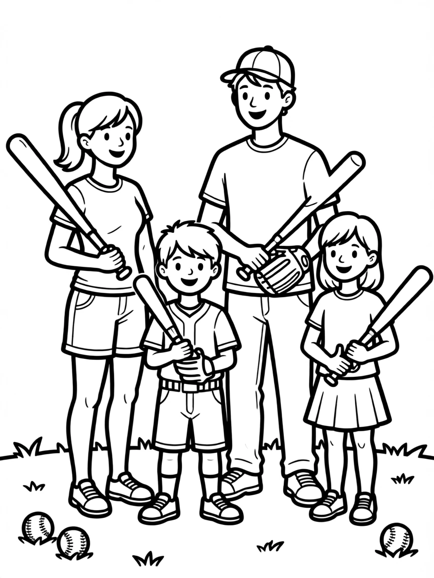 Family playing baseball with bats and gloves