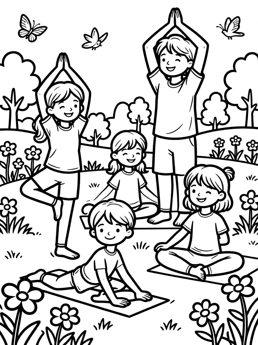 Children and parents doing yoga in a garden