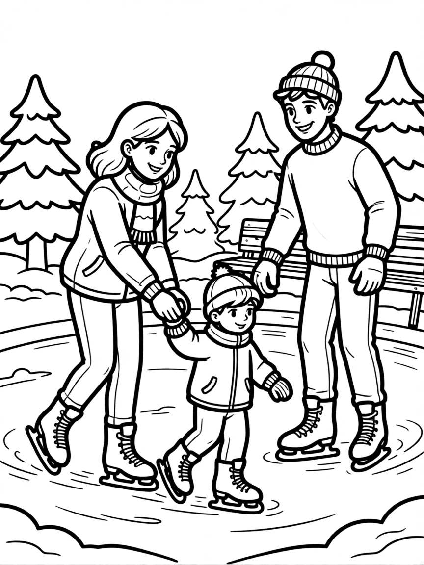 Parents teaching children to skate on ice