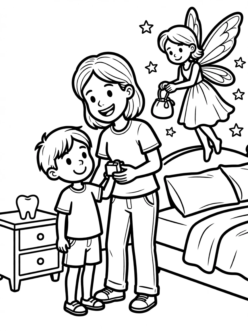 Parents and child celebrating lost tooth with tooth fairy