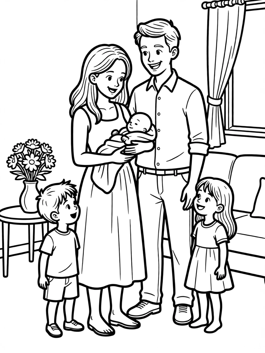 Family welcoming new baby sibling home