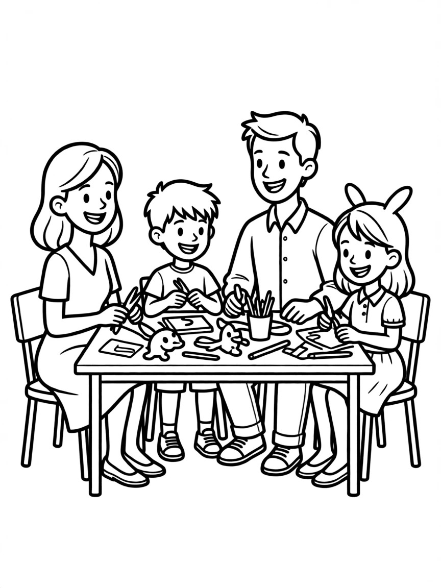 Family creating made-up creatures with craft supplies