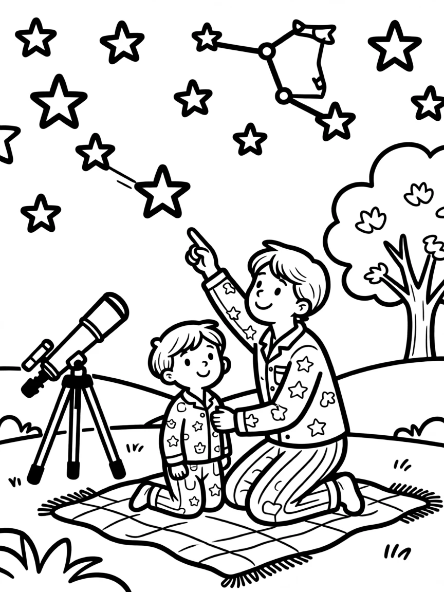 Parents and children stargazing and finding constellations