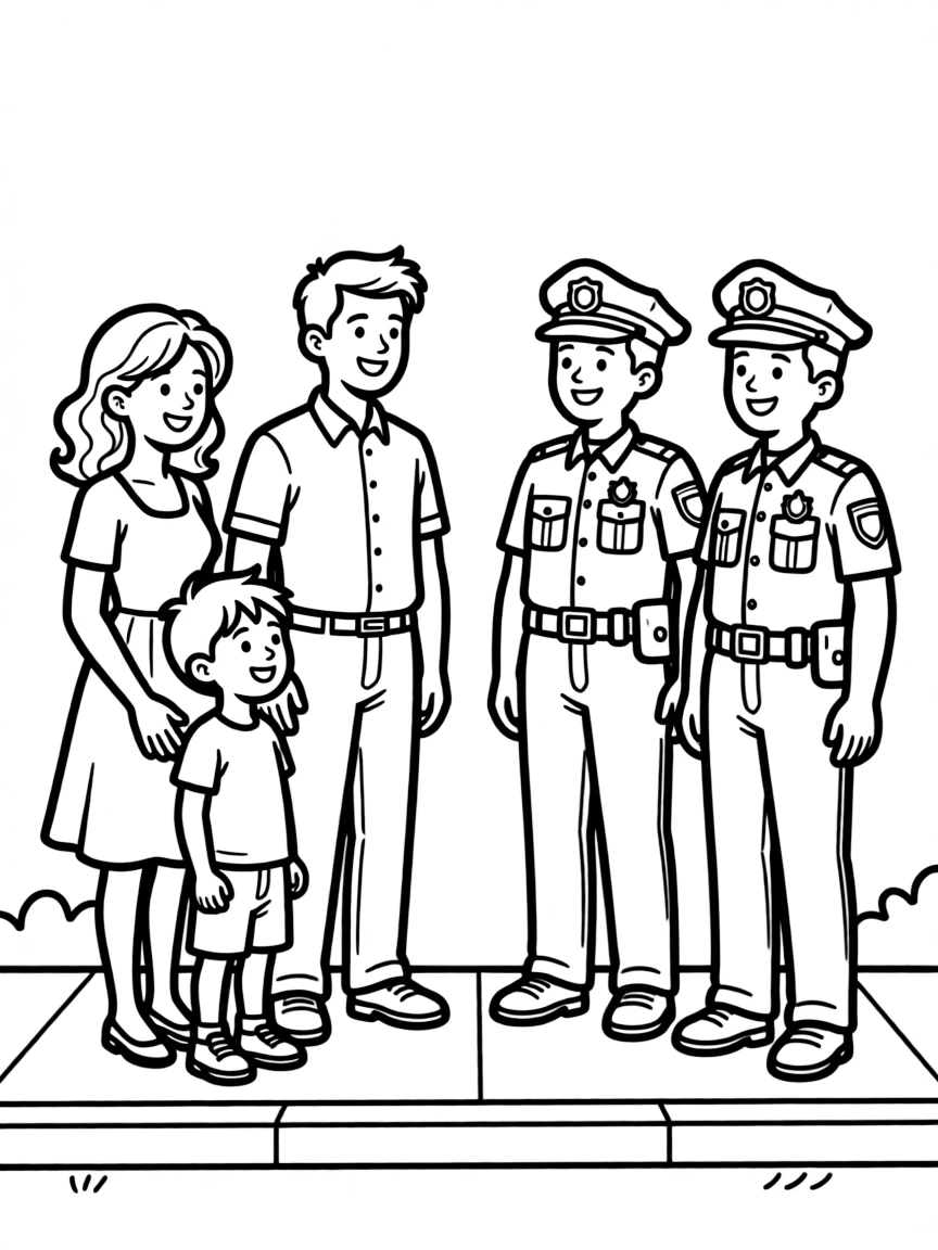 Parents and children talking to police officers