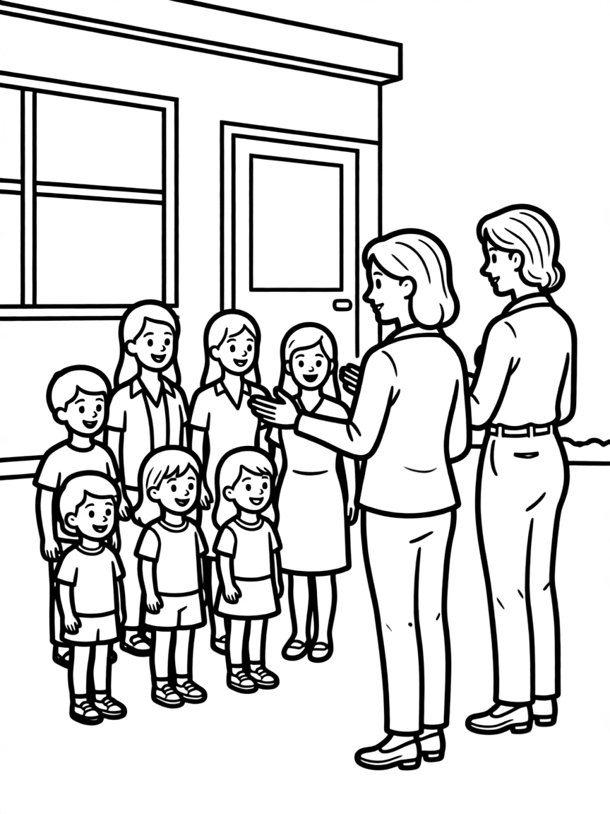 Children meeting teachers with parents at school