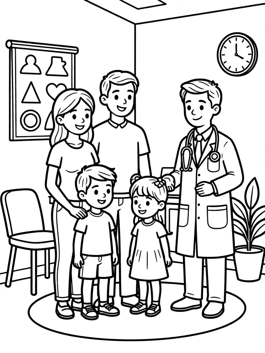 Family visiting a doctor's office for checkups