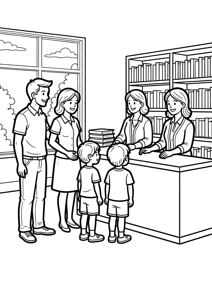 Parents and children meeting librarians at library