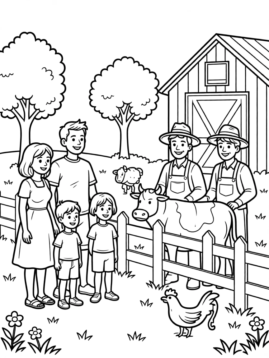 Family talking to farmers at a farm