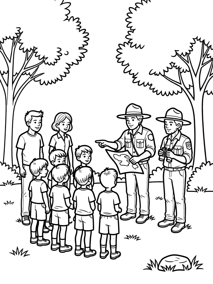 Children learning from park rangers with parents