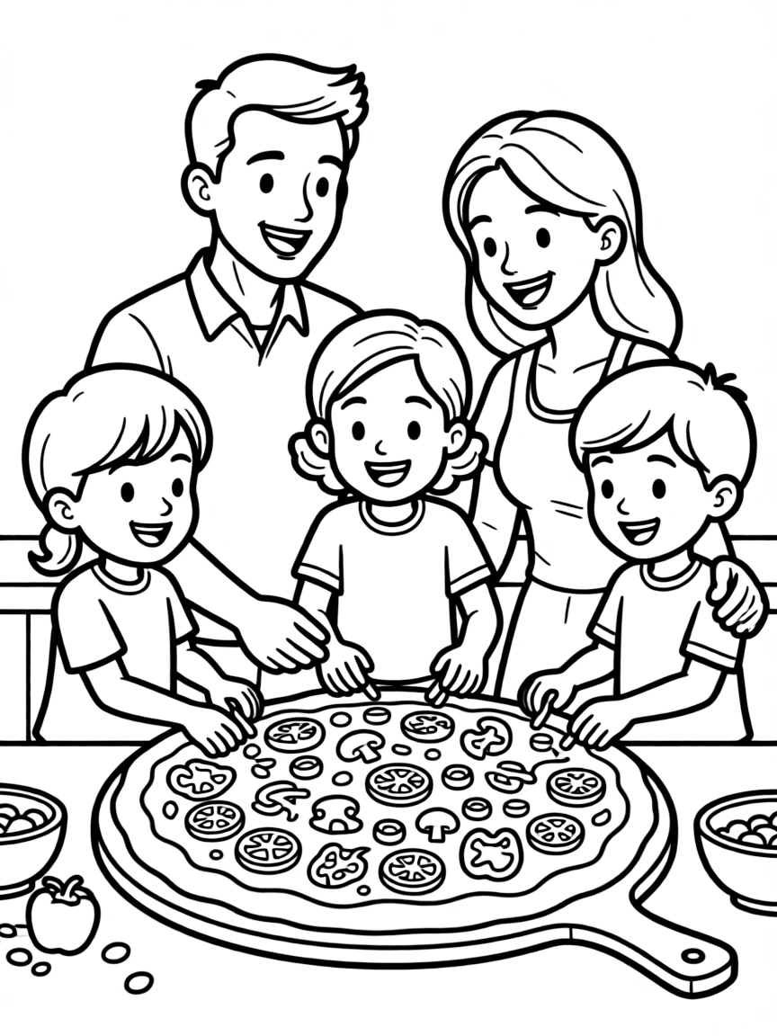 Family making pizza together with toppings