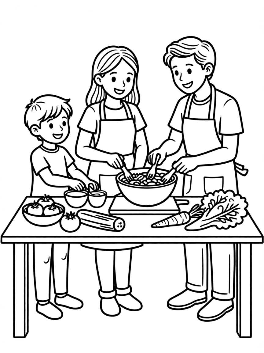 Children helping parents make a salad with vegetables