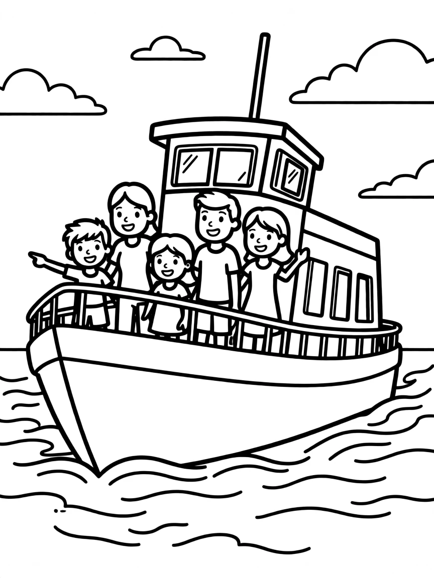 Parents and children riding a ferry boat
