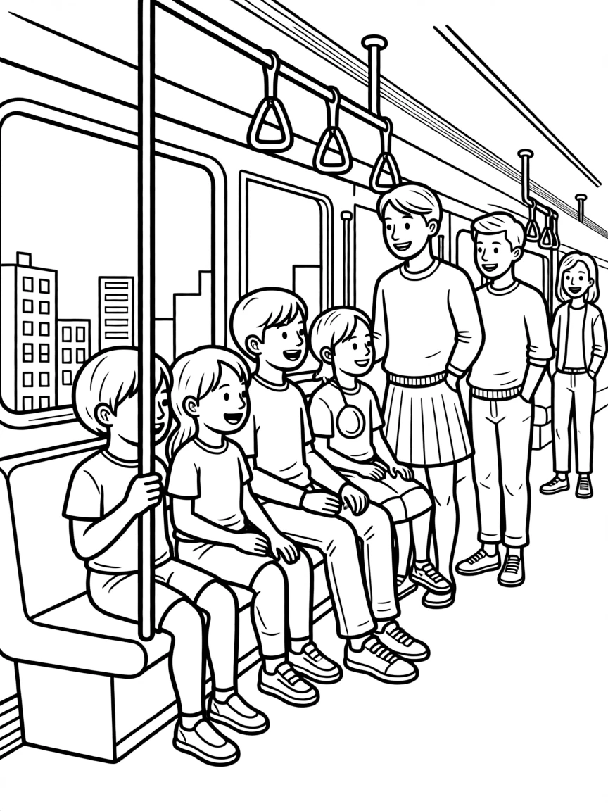 Children and parents on a subway train