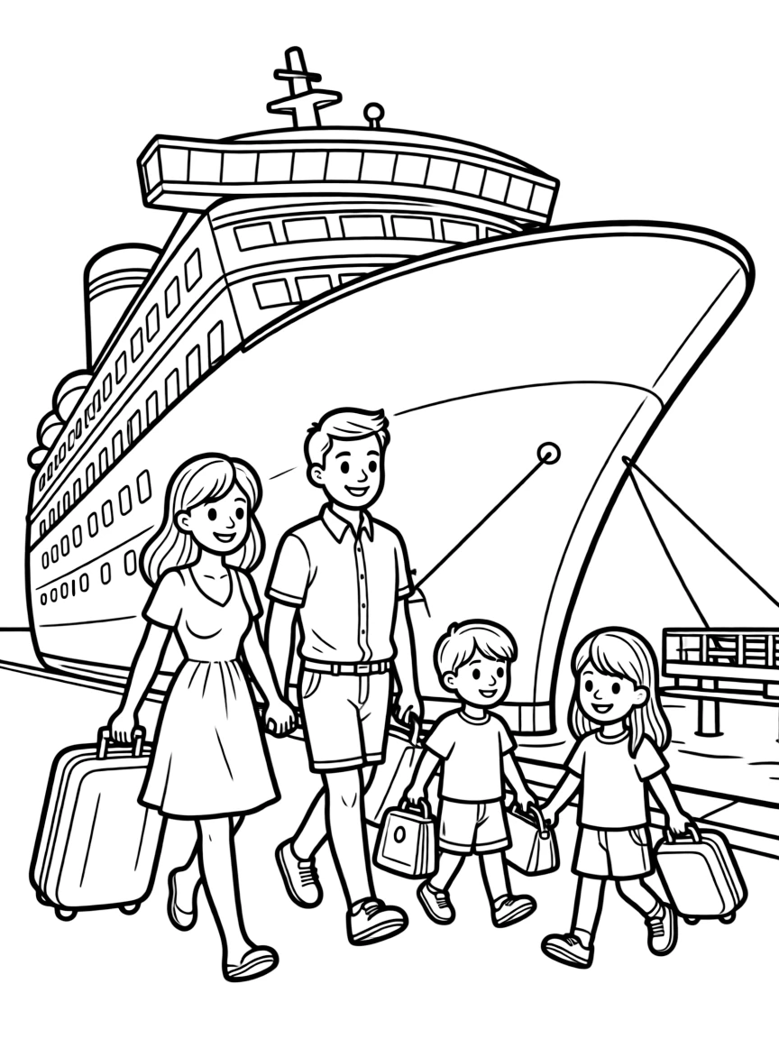Family boarding a cruise ship with luggage