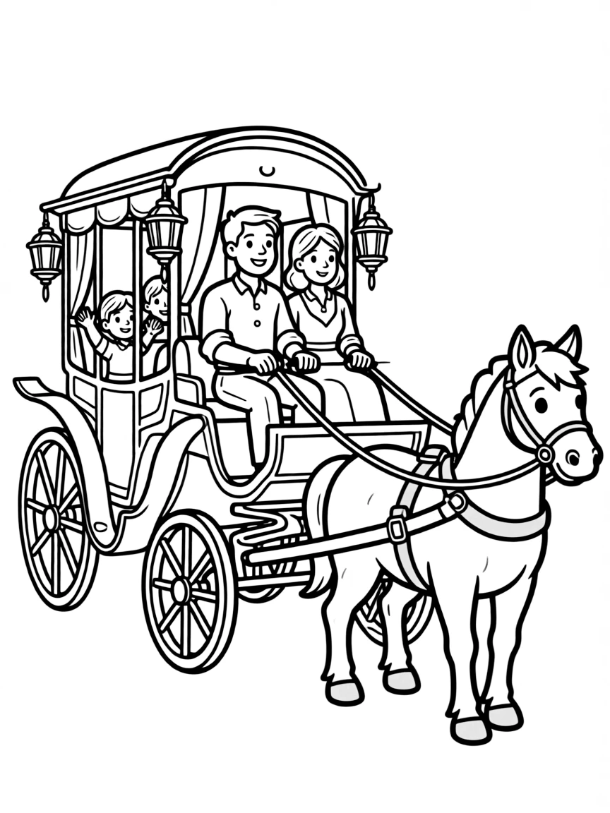 Parents and children in a horse-drawn carriage