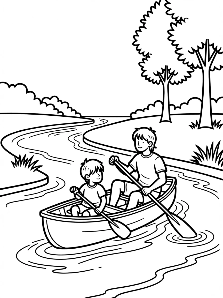 Parents and children in a canoe on a river
