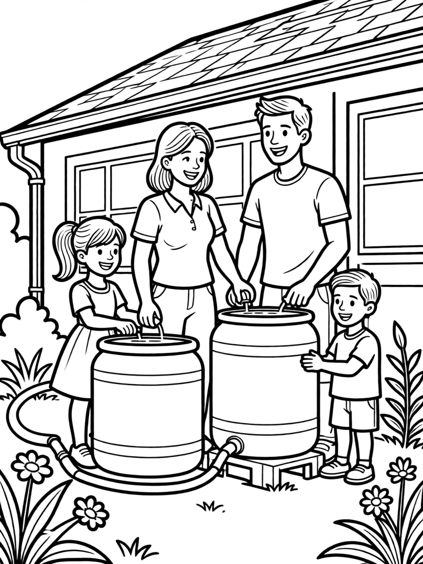 Family conserving water with rain barrels