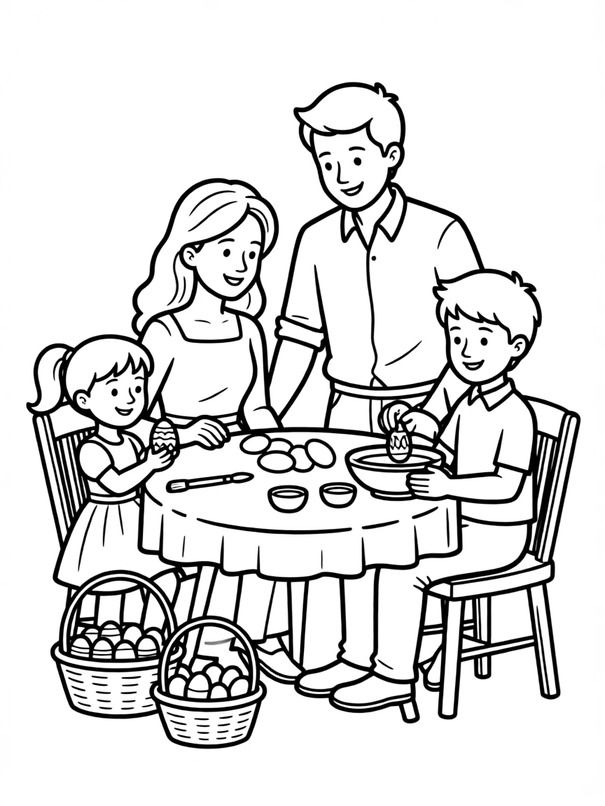 Parents and children decorating eggs for Easter