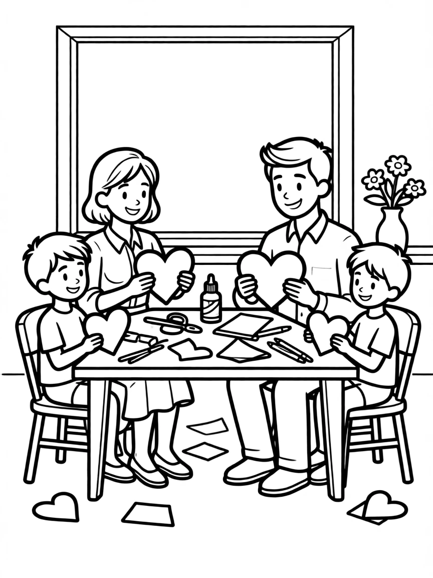 Family making heart-shaped cards for Valentine's Day