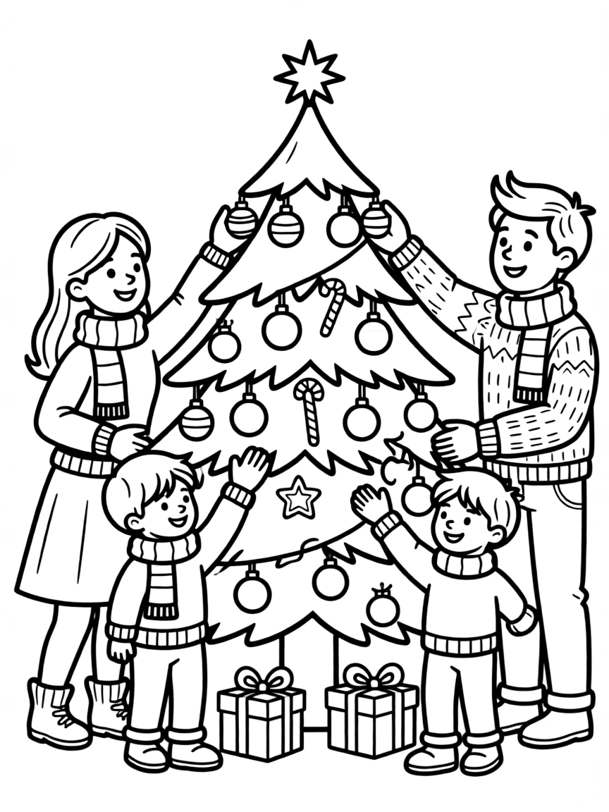 Family decorating a Christmas tree with ornaments