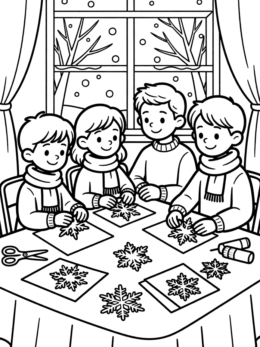 Family making paper snowflakes for winter decoration