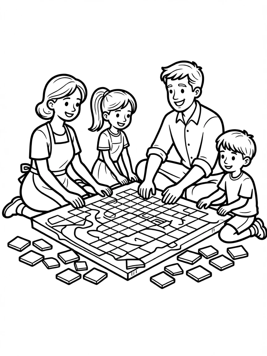 Family creating a mosaic with tile pieces