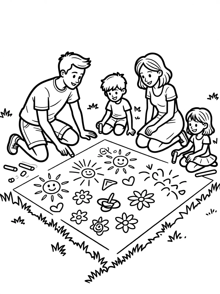 Family doing sidewalk chalk art on a driveway