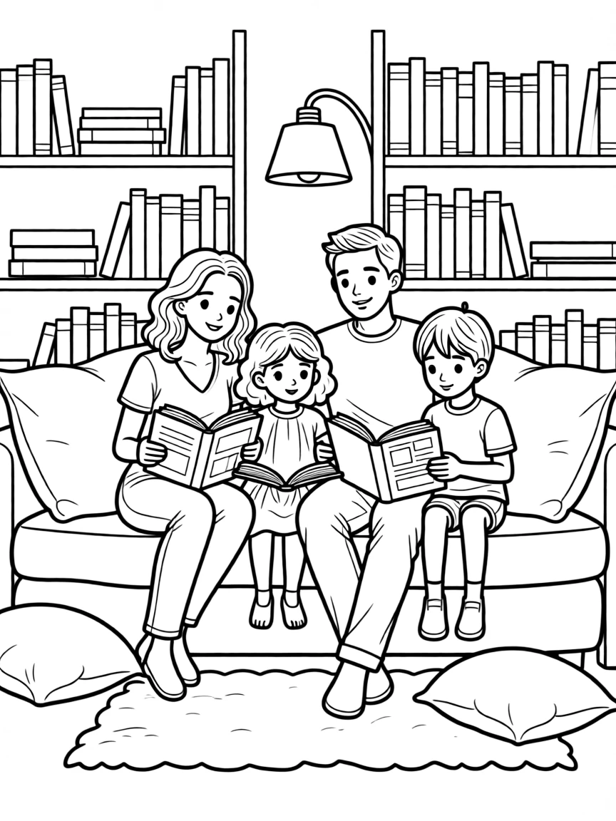 Family reading together in a cozy reading nook