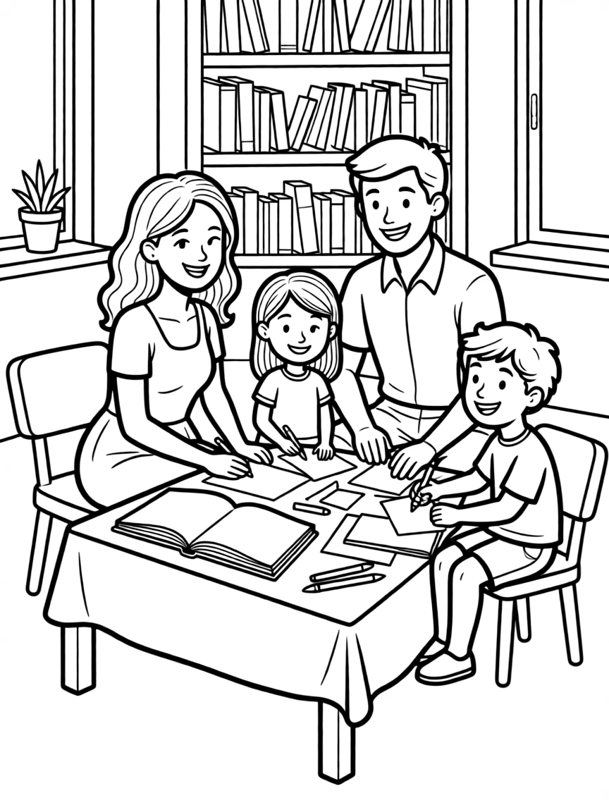 Family creating a family storybook with illustrations