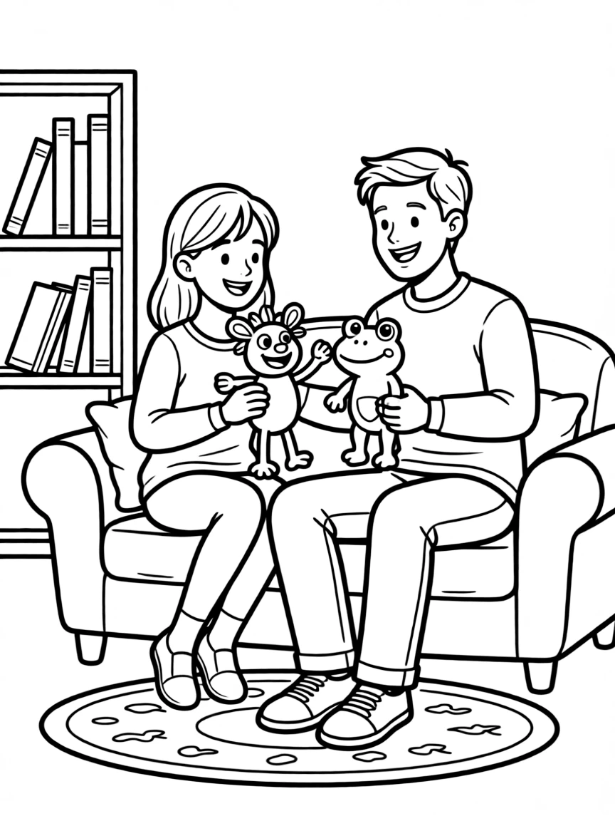 Parents reading bedtime stories with puppets