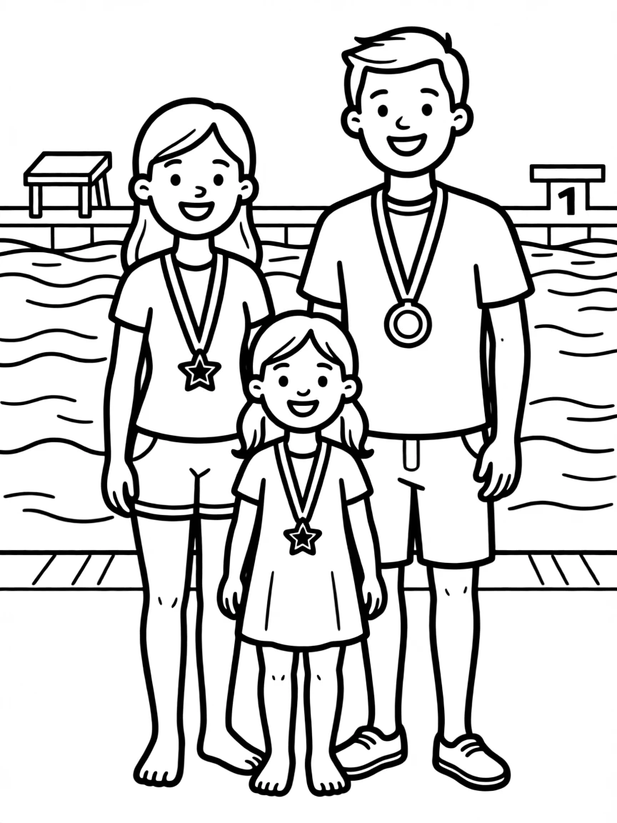 Family at a swimming competition with medals