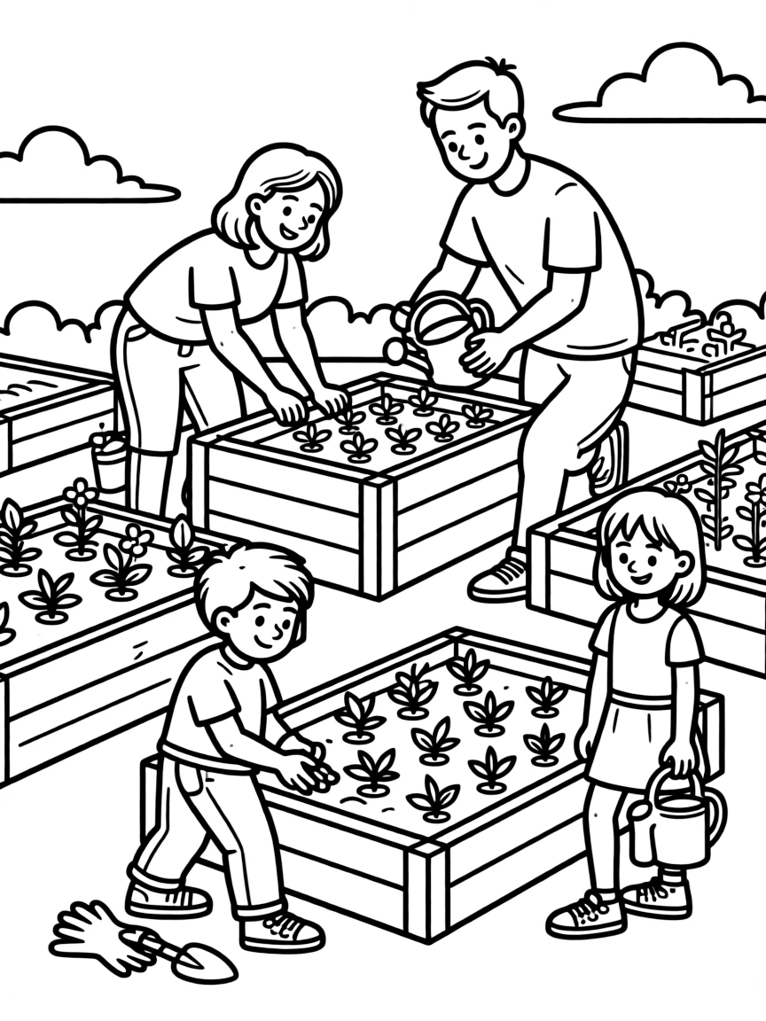 Children and parents building raised garden beds