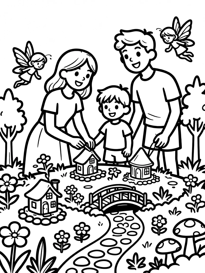 Family creating a fairy garden with miniatures