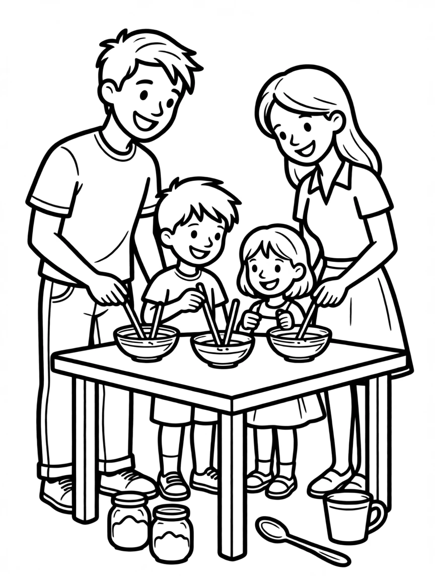 Family making crystals with sugar solution