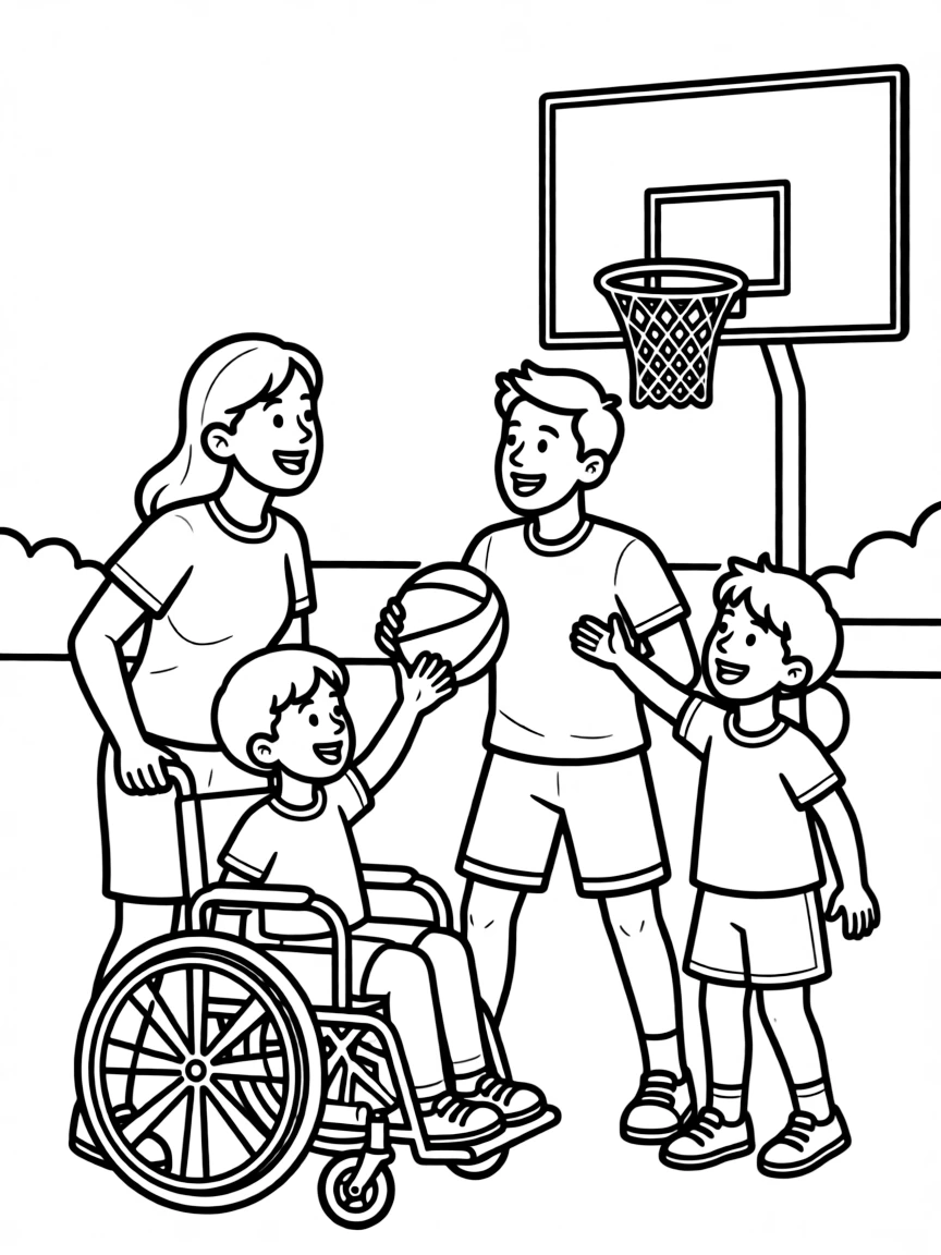 Family with member in wheelchair playing basketball