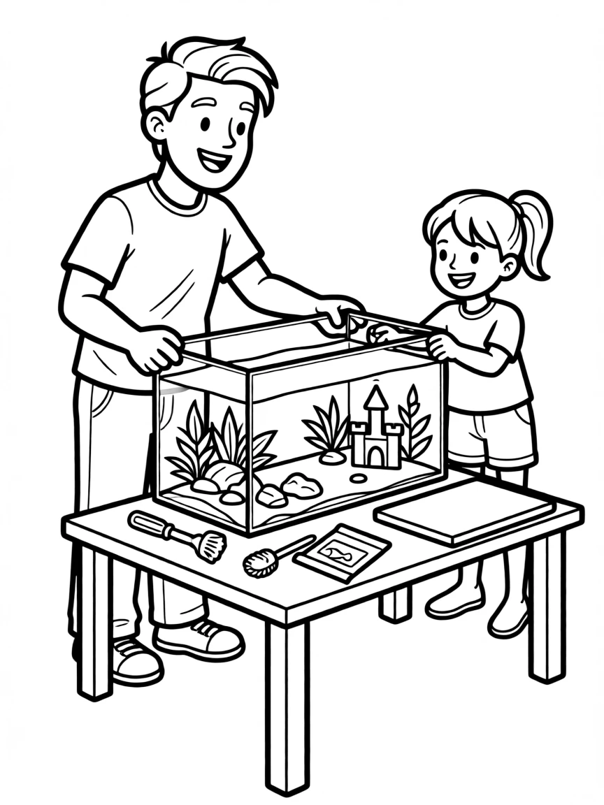 Parents and children building a fish tank