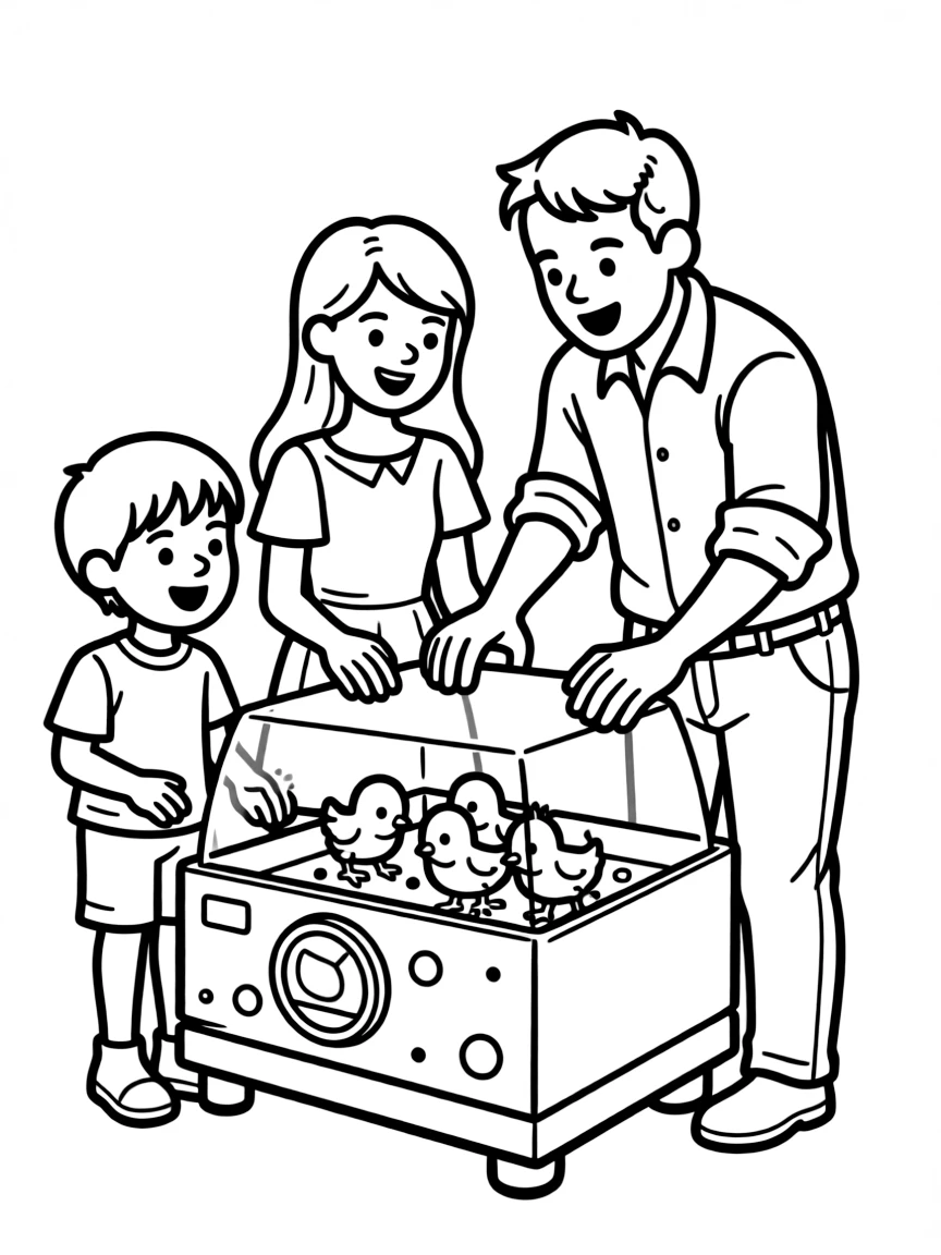 Family taking care of baby chicks in incubator