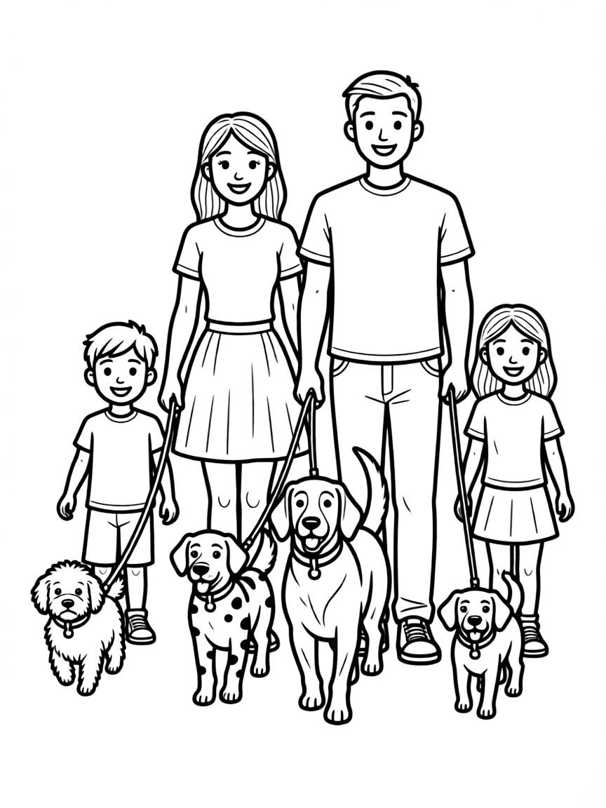 Family walking multiple dogs on leashes