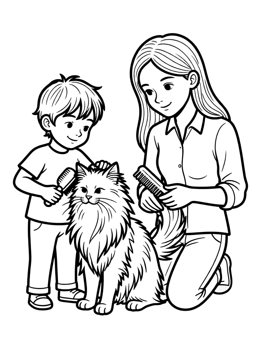 Children and parents grooming a long-haired cat