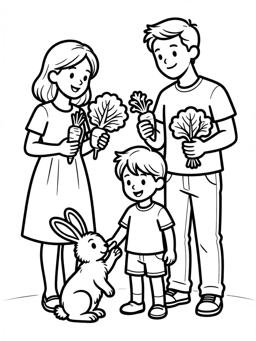 Family feeding a pet rabbit with vegetables